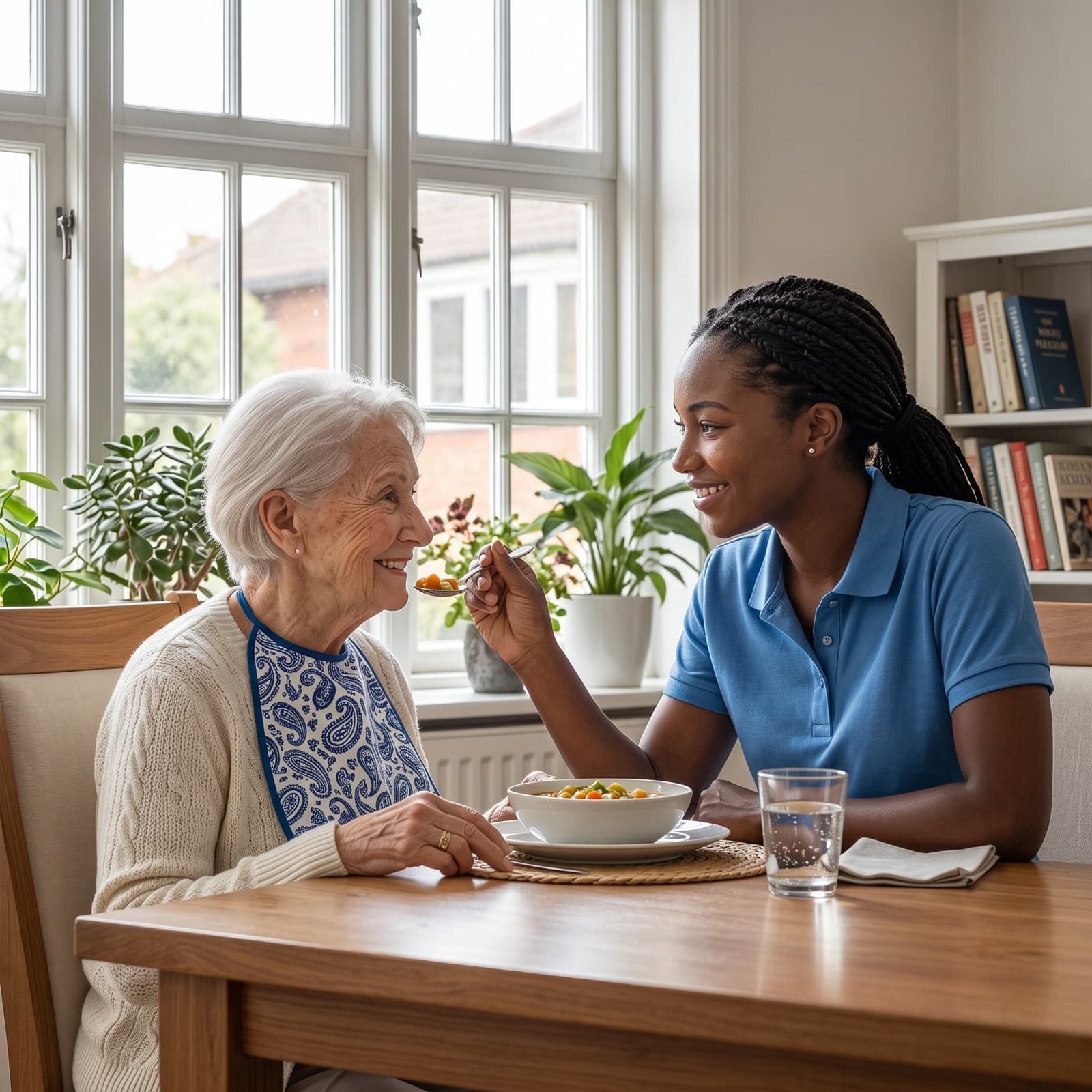 A caregiver helping an older adult with a meal at the kitchen table