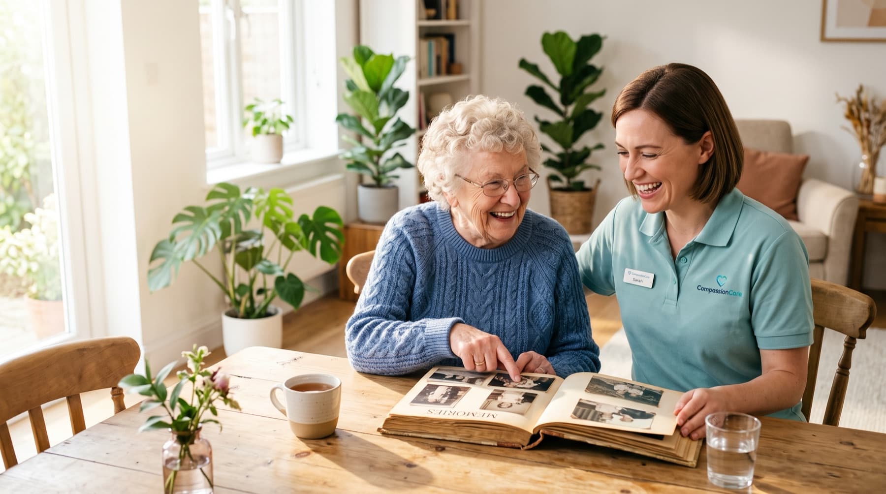 A caregiver and client laughing together over a photo album at home