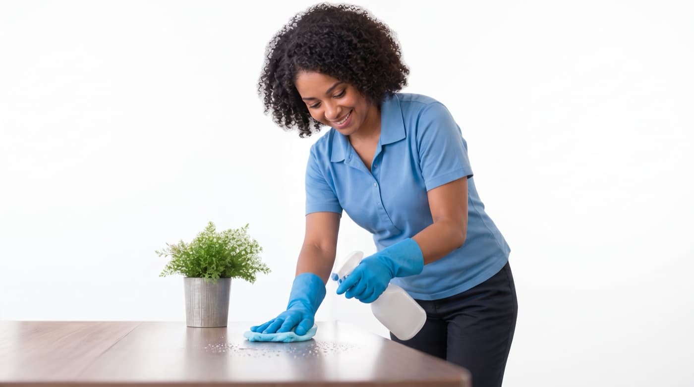 A caregiver wiping down a table