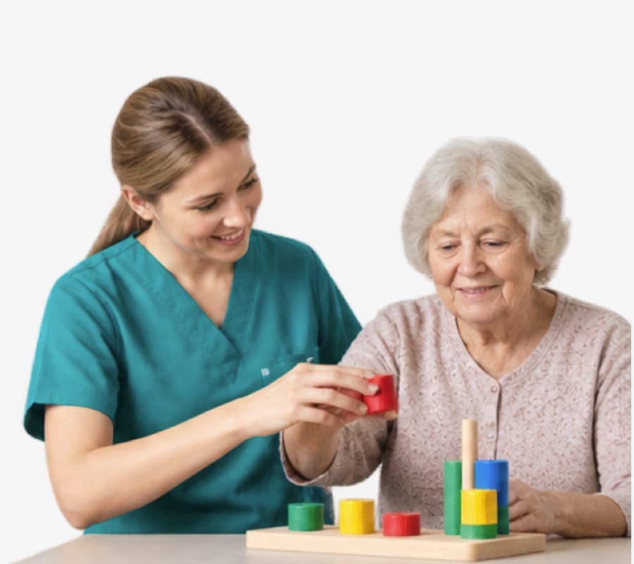 A therapist guiding a client through a hand-coordination exercise