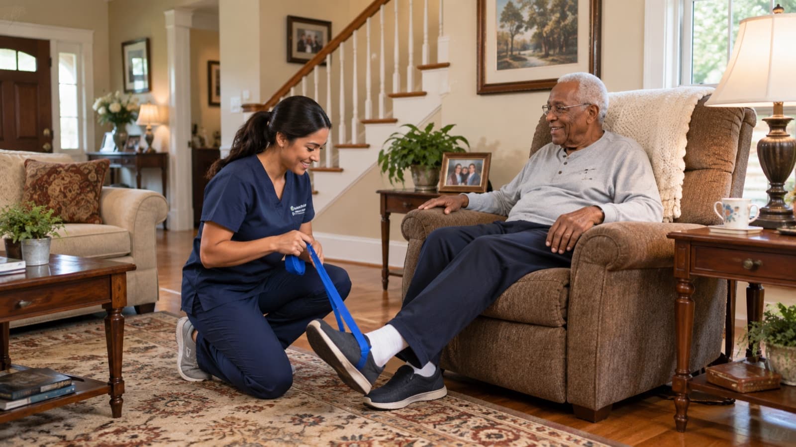 A physical therapist guiding an older man through a leg exercise with a resistance band in his living room