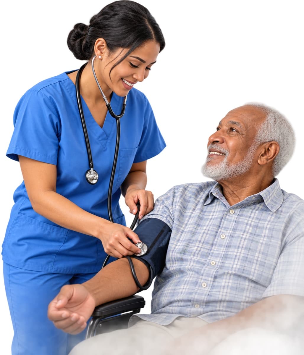 A nurse checking an older man’s blood pressure