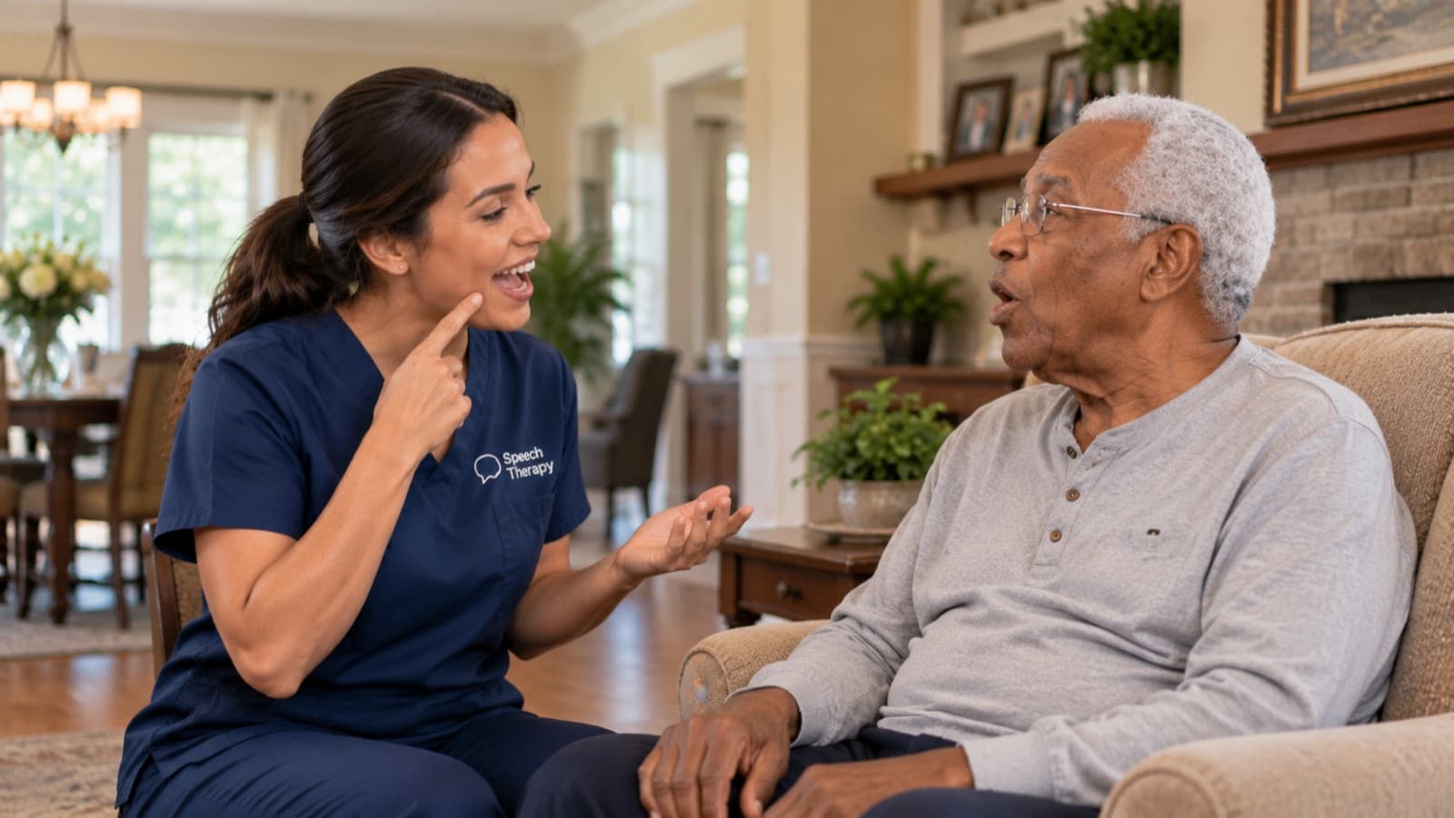 A speech therapist demonstrating a mouth movement to an older man in his living room